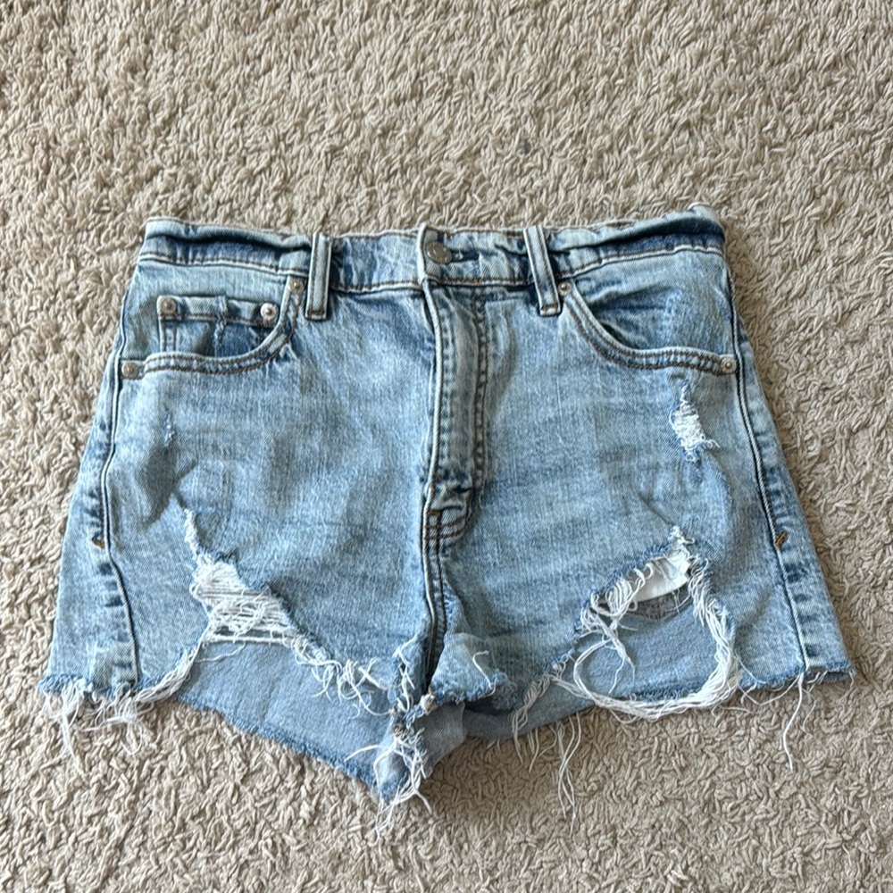 Blue Distressed Jean Shorts with Frayed Hem